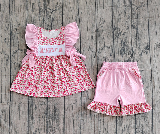 ( No moq ) Preorder Baby Girls Kids Short Sleeves Mama's Girl Flower Tunic Pockets Pink Shorts Set