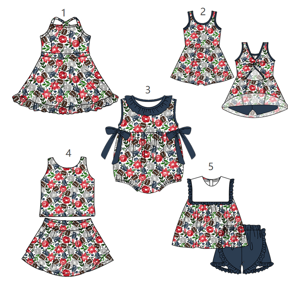 ( Moq 5 Each Style ) Baby Girls Kids Sleeveless Football Flower Bows Sibling Romper Dresses Sets