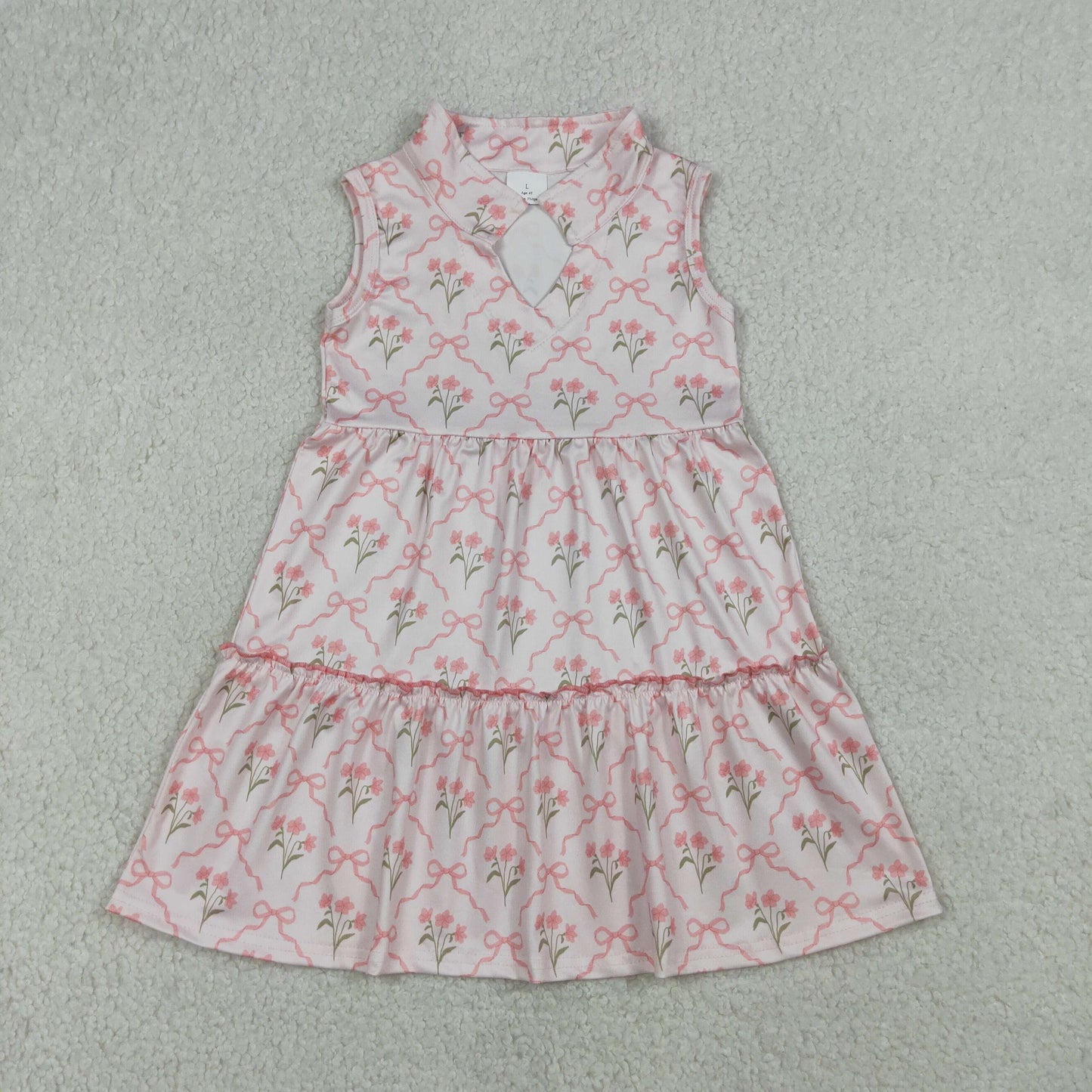 Baby Girls Kids Sleeveless Pink Bows Flower Ruffle Knee Length Dress RTS