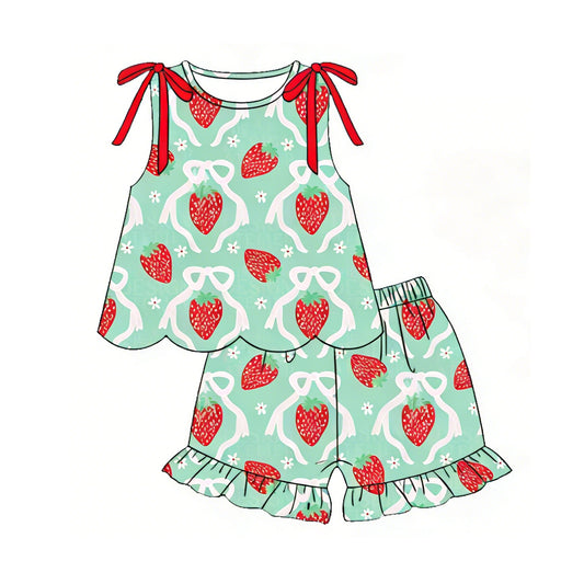 ( Moq 5 ) Preorder Baby Girls Kids Sleeveless Bows Strawberry Scallop Tops Shorts Set Summer Clothes