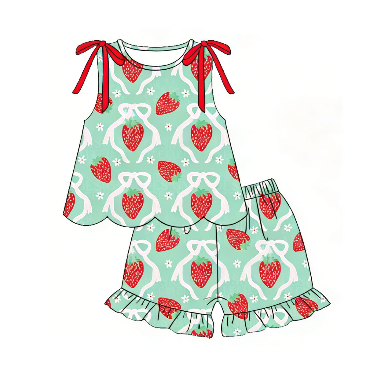 ( Moq 5 )  Preorder Baby Girls Kids Sleeveless Bows Strawberry Scallop Tops Shorts Set Summer Clothes