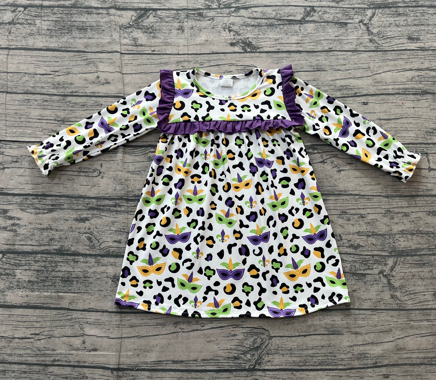 Baby Girls Kids Masks Leopard Purple Ruffle Mardi Gras Knee Length Dress RTS