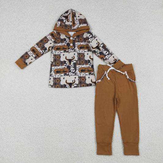 Baby Boys Kids Long Sleeves Western Aztec Cow Button Hoodie Shirt Pockets Pants Clothes Set RTS