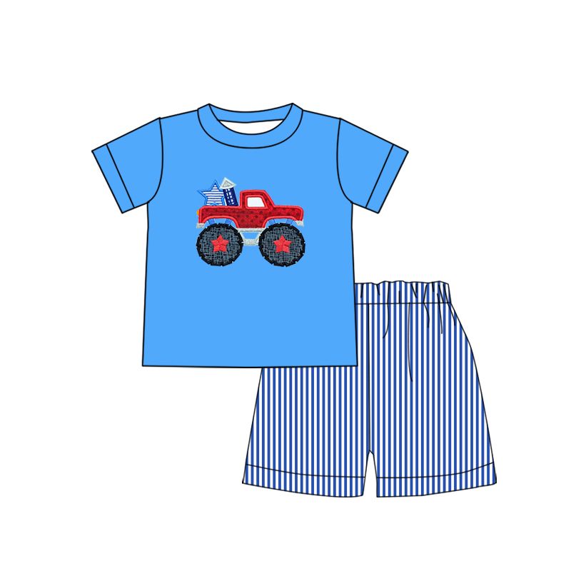 Moq 3 Pre-order BSSO0429 Baby BoyTractor July 4th Tops Stripes Shorts Blue Set