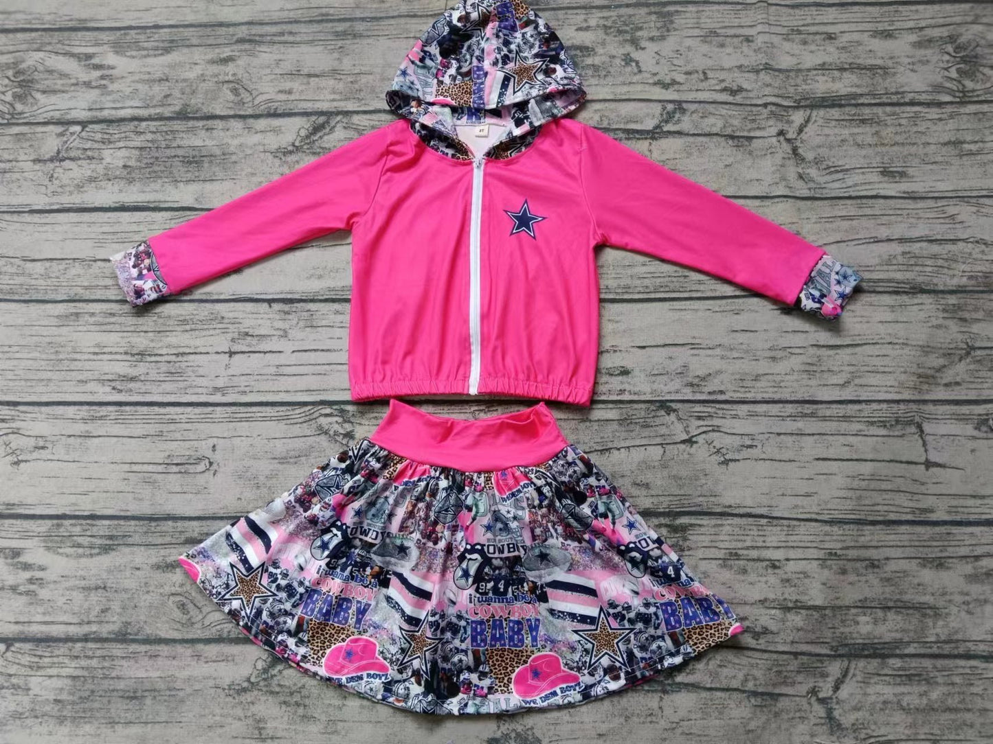 Baby Girl Toddler Pink Zipper Hoodie Tops Cowboys Skirt Shorts Team Set Moq 5
