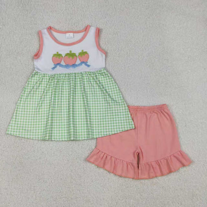 Sibling Baby Girls Sleeveless Embroidery Strawberry Bows Green Plaid Bubble Romper Set RTS