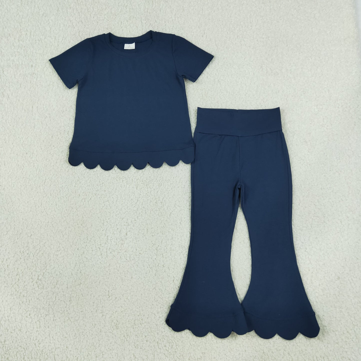 Baby Girls Kids Short Sleeves Navy Shirt Pants Scallop Set Clothes RTS