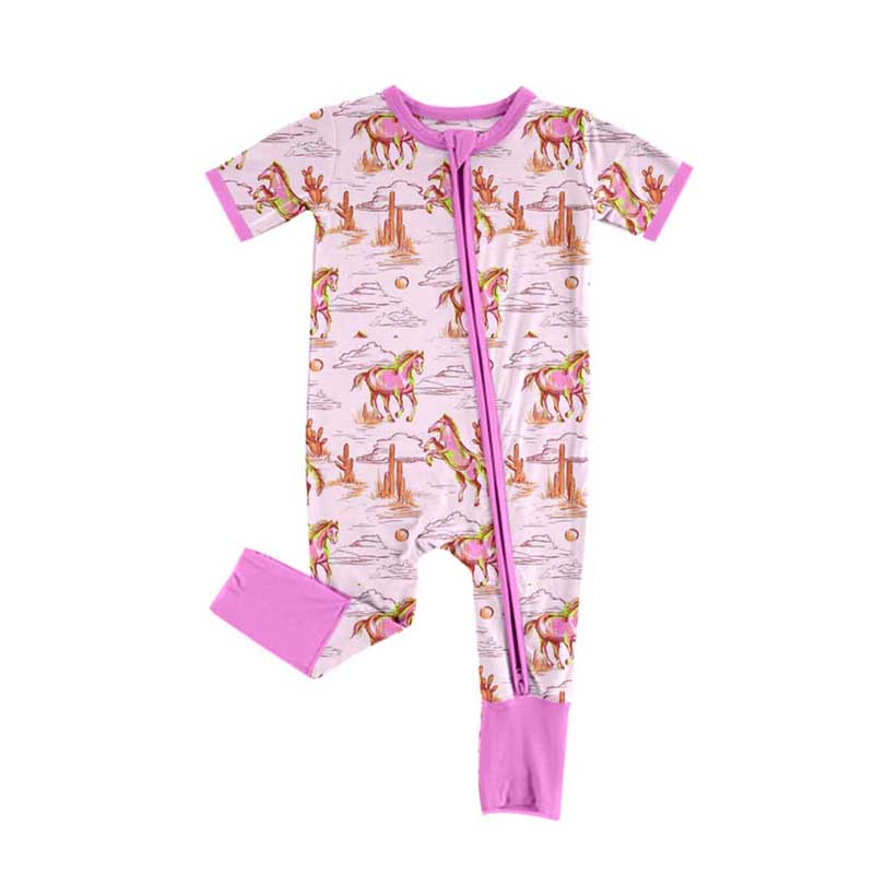 Baby Girl Kids Short Sleeves Western Horse Rodeo Zipper Romper Moq 5