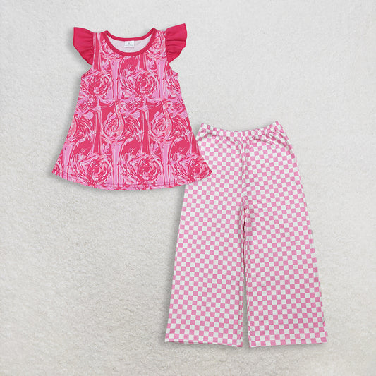 Baby Girls Kids Short Sleeves Tops Pink Plaid Pants Clothes Set RTS