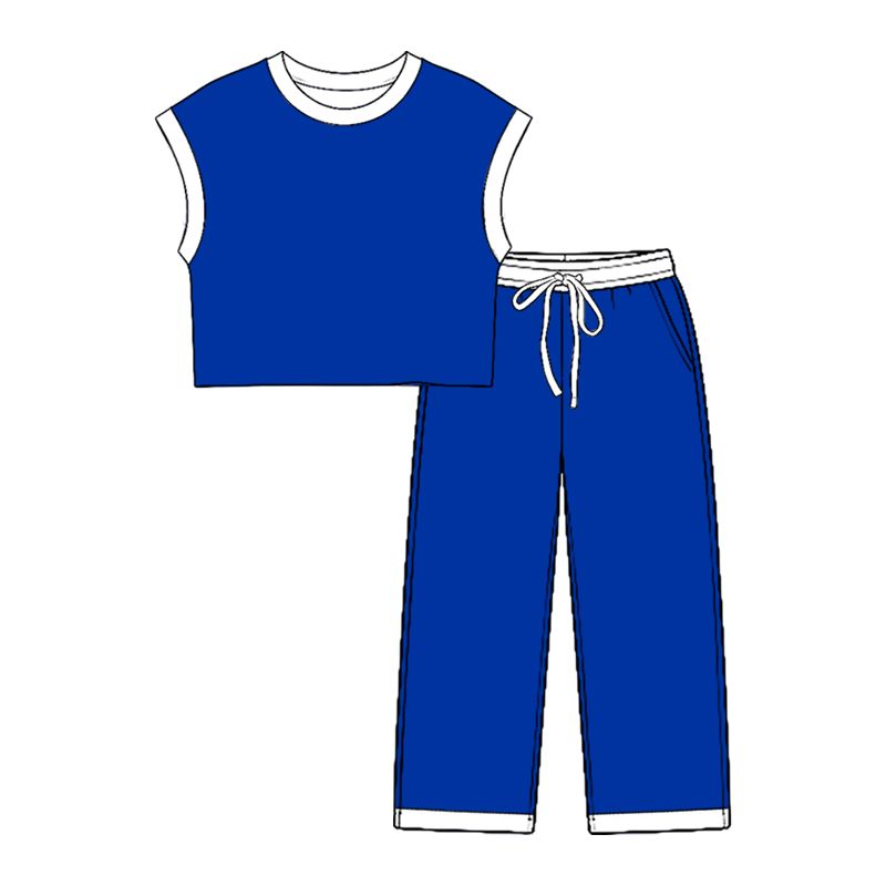 ( Moq 5 ) Preorder Baby Girls Kids Sleeveless Blue Shirt Tops Pockets Pants Cotton Set Clothes