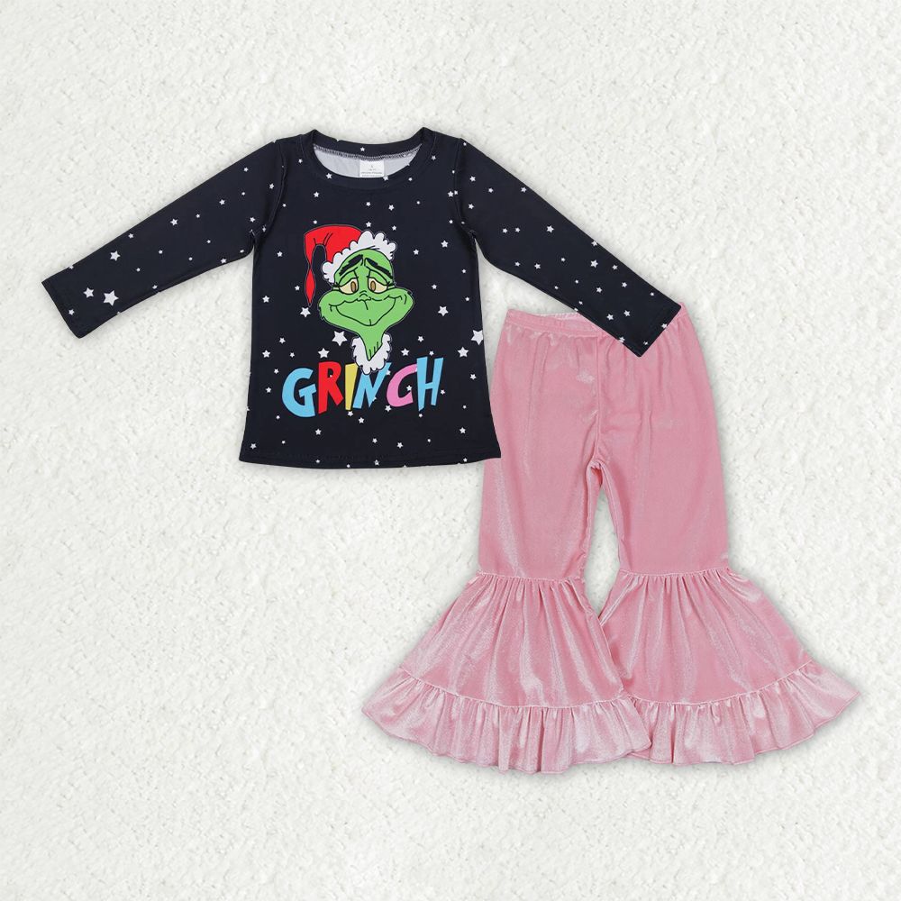 Baby Girls Black Long Sleeves Green Face Shirt Pink Velvet Pants Christmas Clothes Set RTS