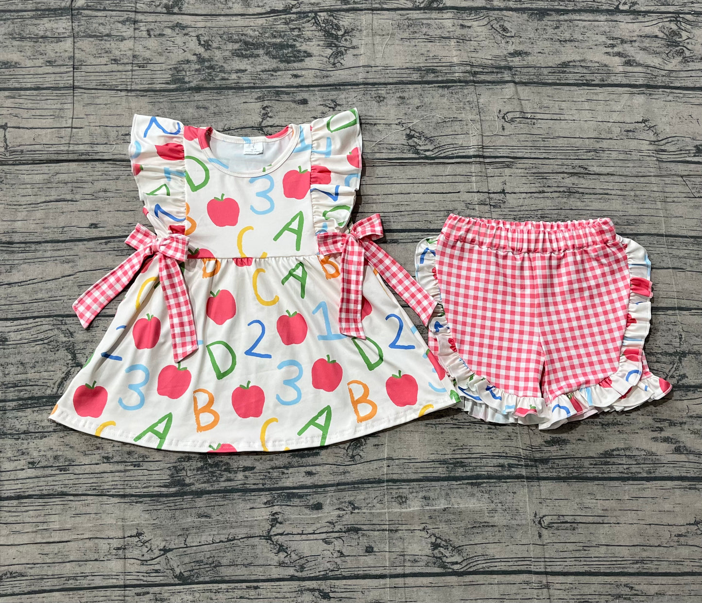 Baby Girls Kids Short Sleeves Apple Bows Tunic Plaid Ruffle Shorts Back to School Set RTS