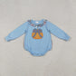 Baby Girl Blue Long Sleeves Floral Embroidery Bow Pumpkin Ruffle Bubble Fall Romper RTS