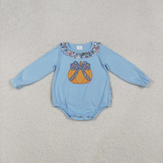 Baby Girl Blue Long Sleeves Floral Embroidery Bow Pumpkin Ruffle Bubble Fall Romper RTS