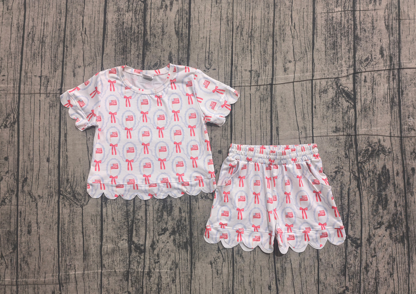 Baby Girls Toddler Bows Flags Shirt Scallop Shorts 4th of July Set Clothes RTS