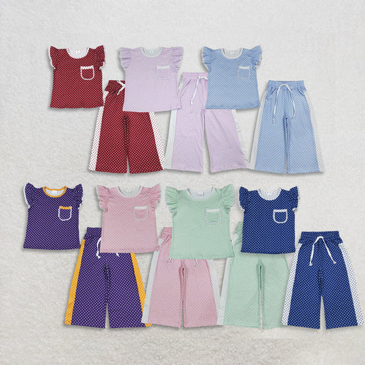 Sibling Baby Girl Kids Short Sleeves Pockets Shirts Dots Pants Sets Clothes RTS