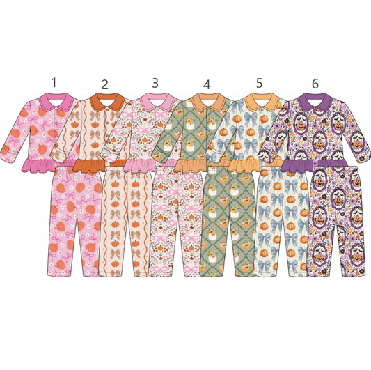 ( Moq 5 Each Style ) Sibling Baby Girls Kids Long Sleeves Pumpkins Bows Shirts Pants Sets Fall Pajamas Clothes