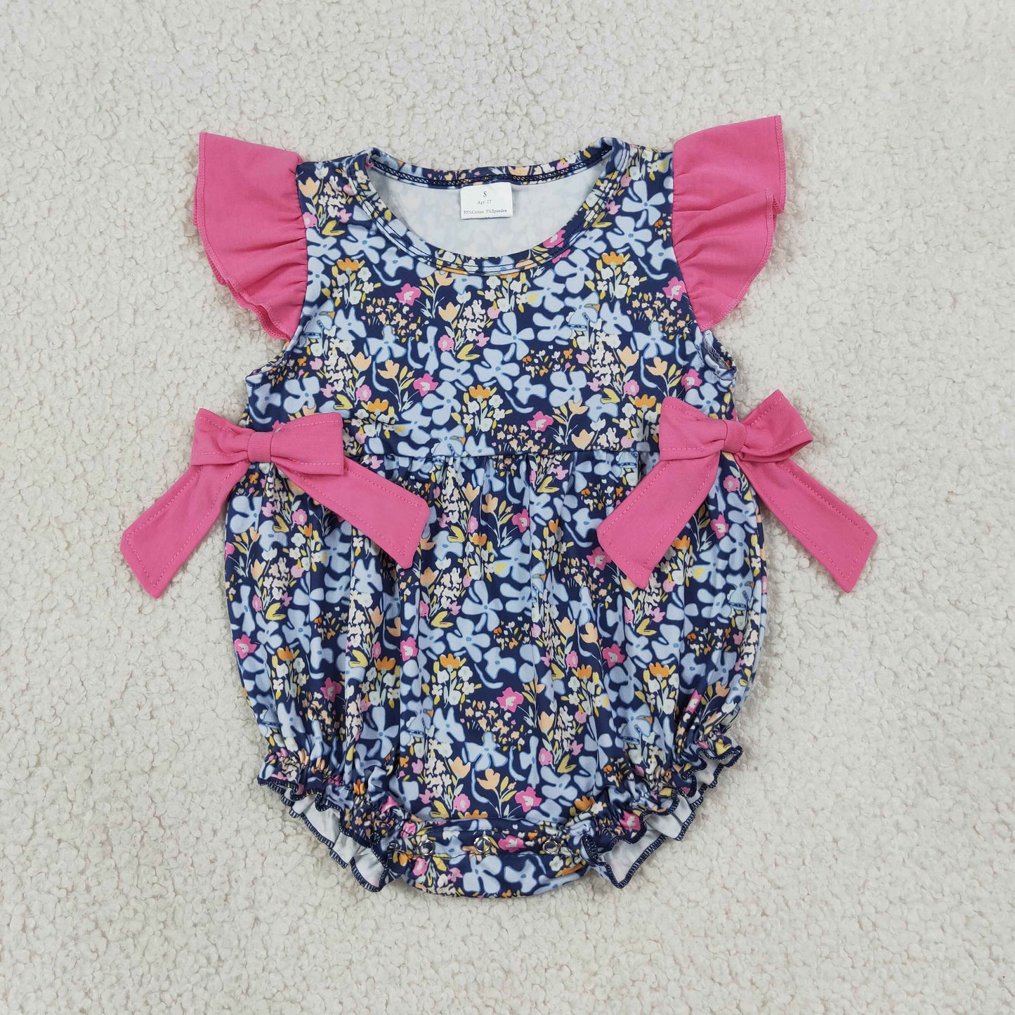 Baby Girls Infant Short Sleeves Flower Pink Bows Summer Bubble Romper RTS