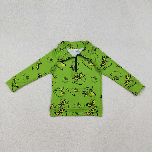 Kids Toddler Long Sleeves Green Face Zipper Pocket Pullover Christmas Shirt RTS