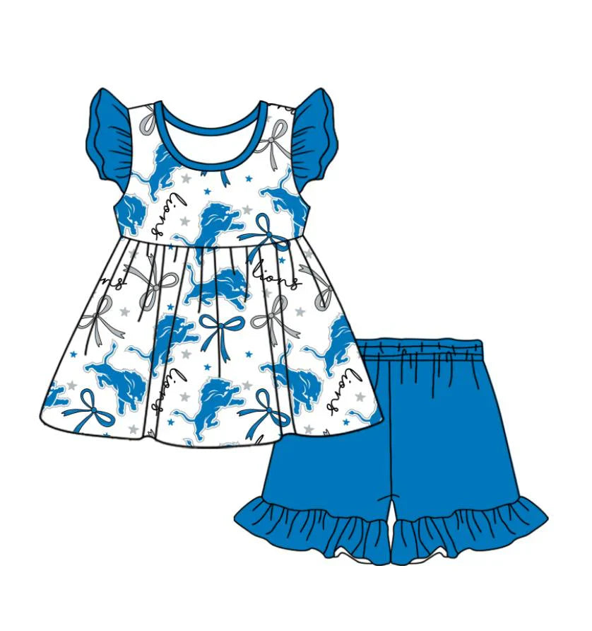 Baby Girl Short Sleeves Team Lions Bows Tunic Blue Shorts Clothes Set ( Moq 5 )
