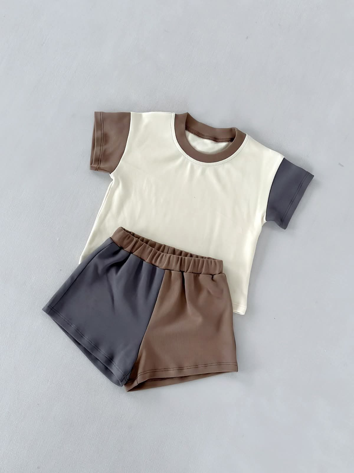 ( Moq 5 ) Preorder Baby Boys Short Sleeves Shirt Grey Brown Shorts Set Summer Clothes