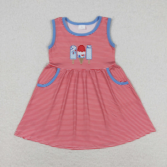 Baby Girl Sleeveless Embroidery Popstick Stripes Pocket July 4th Summer Dress