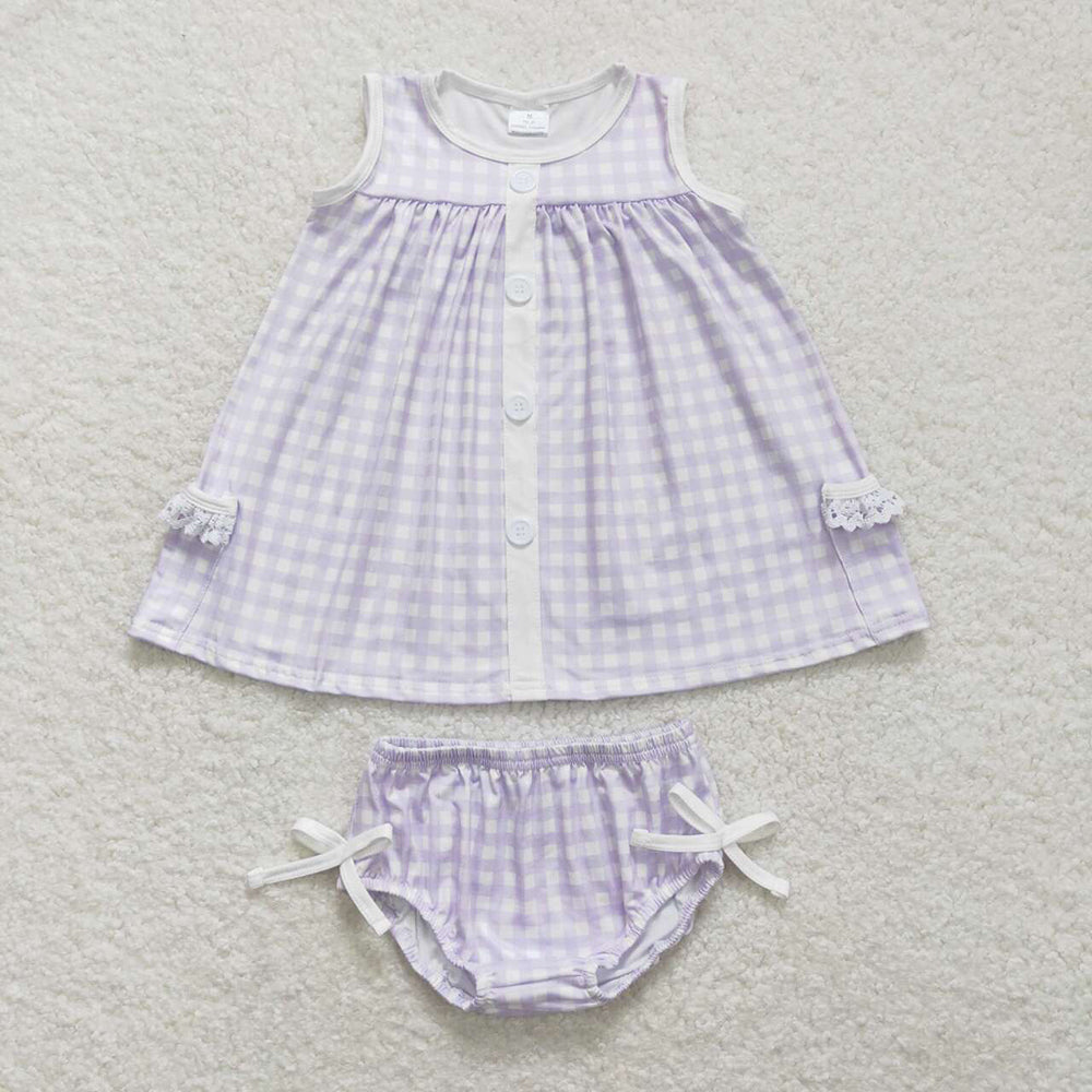 Baby Girl Sleeveless Sibling Sister Checkered Pocket Tops Bummies Sets