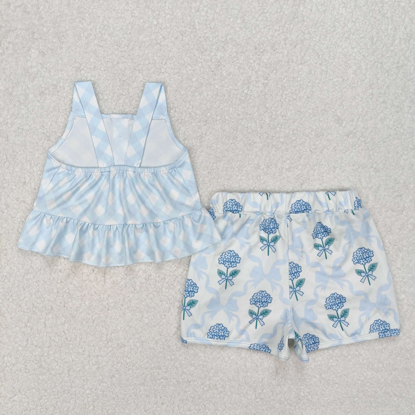 Baby Girl Straps Dots Blue Tops Flower Bows Shorts Set RTS