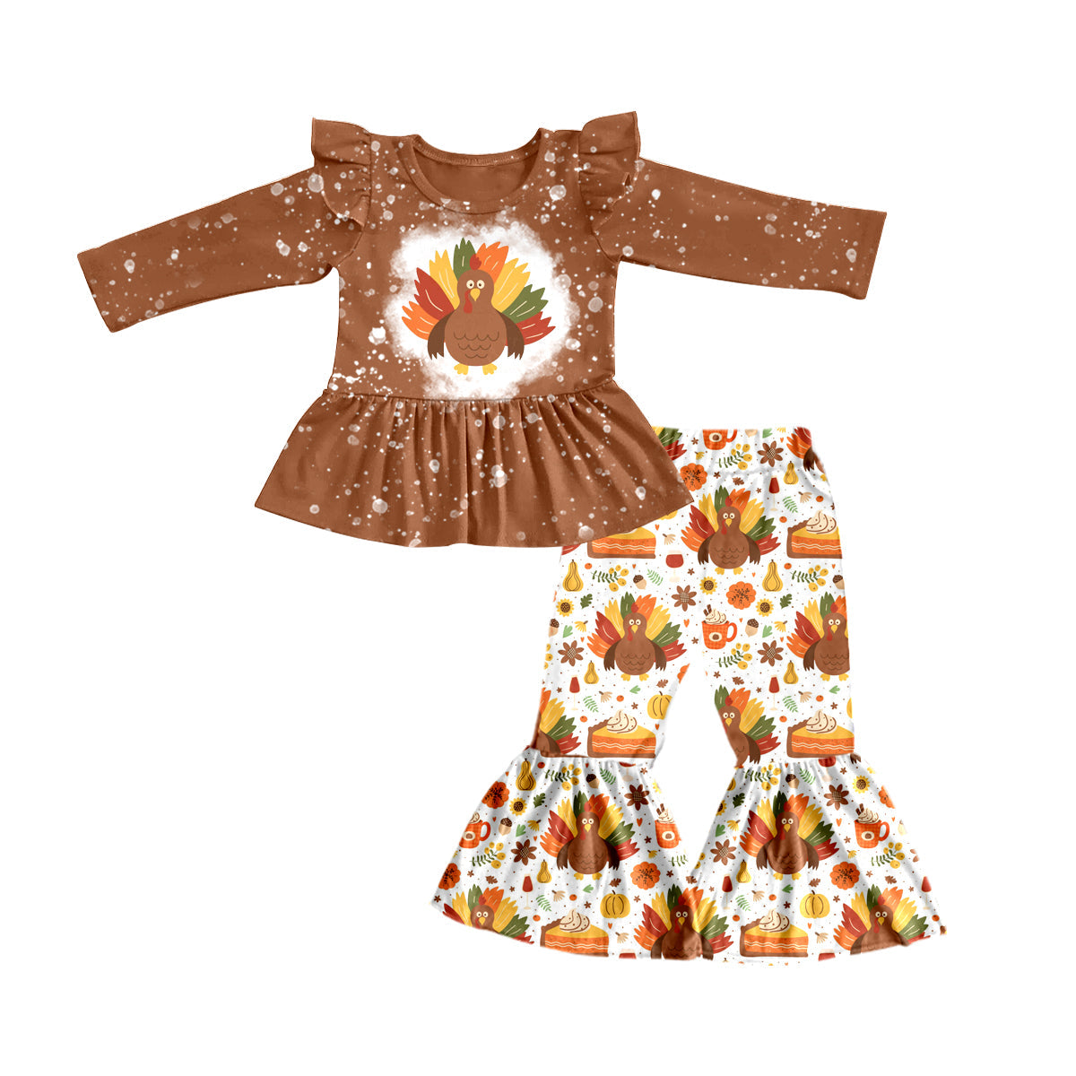 Moq 5 Baby Girl Turkey Thanksgiving Top Bell Pants Set