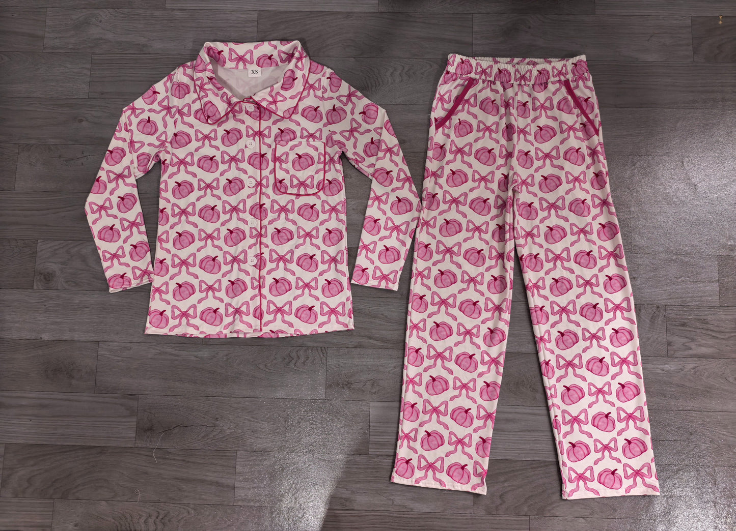( No moq ) Preorder Adult Women Pumpkins Pink Bows Buttons Shirt Pockets Pants Pajamas Set Fall Clothes