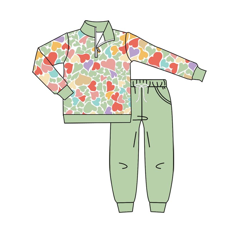 ( Moq 5 ) Preorder Baby Boy Kids Hearts Zipper Shirt Green Pockets Pants Valentine Set Clothes