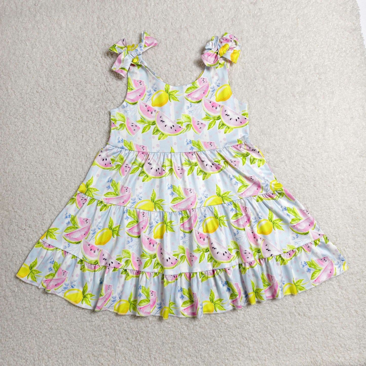 Baby Girls Kids Straps Fruits Blue Stripes Ruffle Knee Length Dress RTS