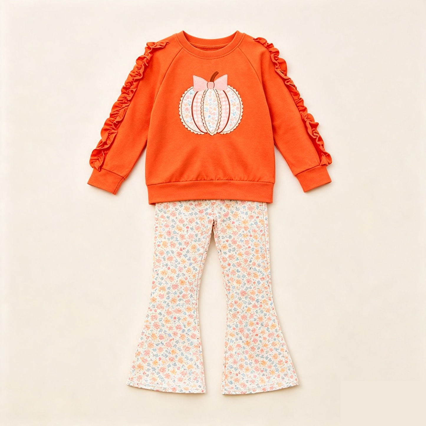 ( Moq 5 ) Preorder Baby Girls Kids Pumkin Bows Ruffle Shirt Floral Pants Set Clothes