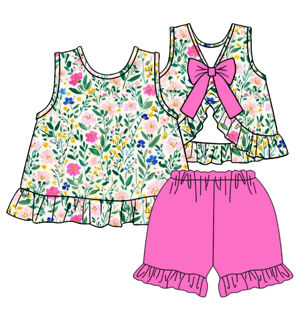 ( Moq 5 ) Baby Girls Toddler Sleeveless Flower Tops Pink Shorts Summer Set