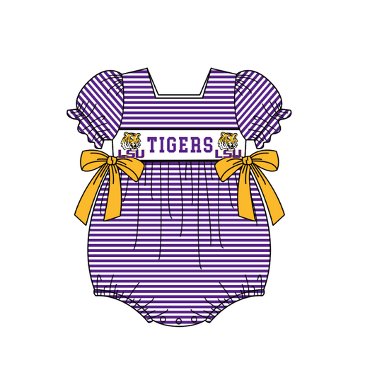 ( Moq 5 ) Baby Girls Kids Short Sleeves Tigers Purple Stripes Bows Team Romper