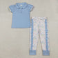 Baby Girls Kids Short Sleeves Blue Shirt Flower Bows Ruffle Pants Set RTS