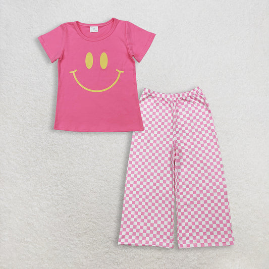 Baby Girls Kids Short Sleeves Smile Shirt Pink Plaid Pants Clothes Set RTS