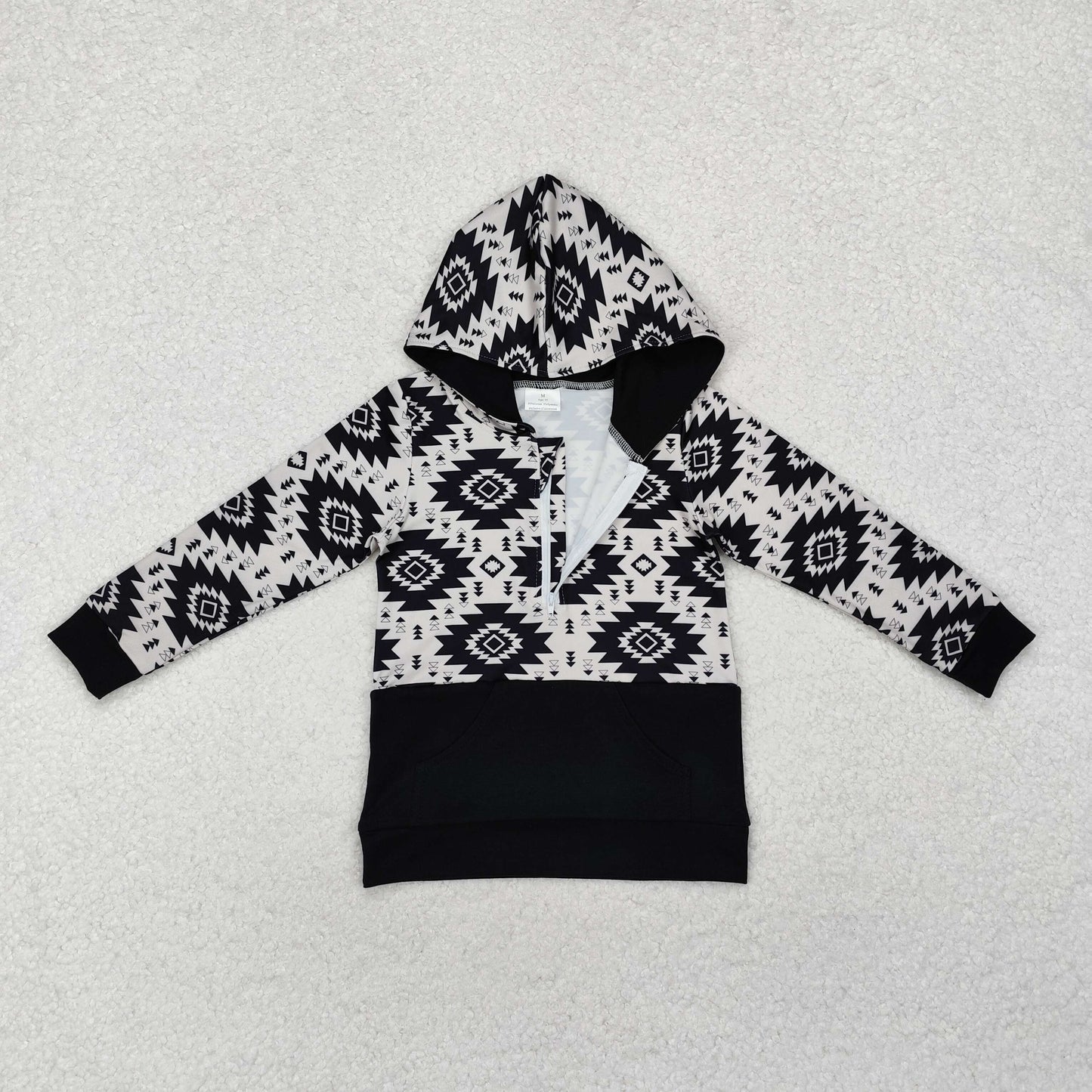 Baby Boy Long Sleeves Western Aztec Hoodie Black Pocket Pullover Tops