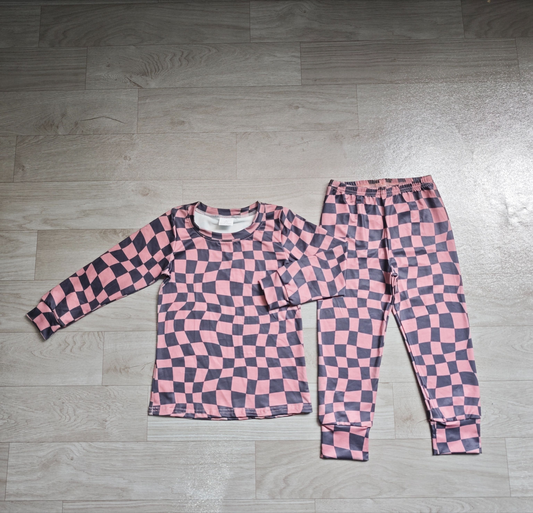 ( No moq ) Preorder Baby Boys Kids Long Sleeves Brown Black Plaid Shirt Pants Set Pajamas Clothes