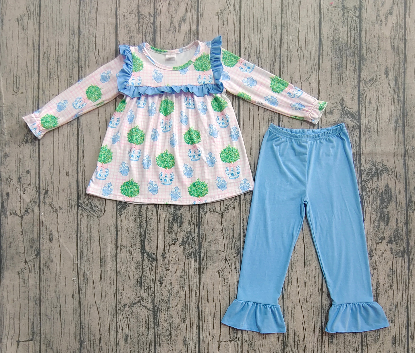 Baby Girl Long Sleeves Flower Plaid Tunic Blue Ruffle Pants Set RTS