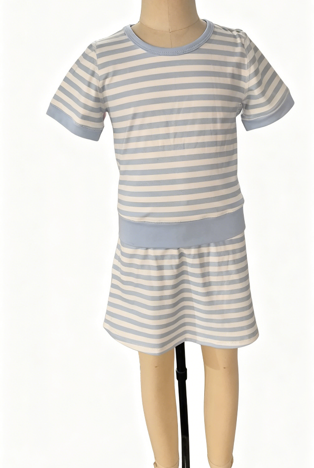 ( No moq ) Preorder Baby Girls Kids Short Sleeves Shirt Blue Stripes Skirt Shorts Set Yoga Active Clothes