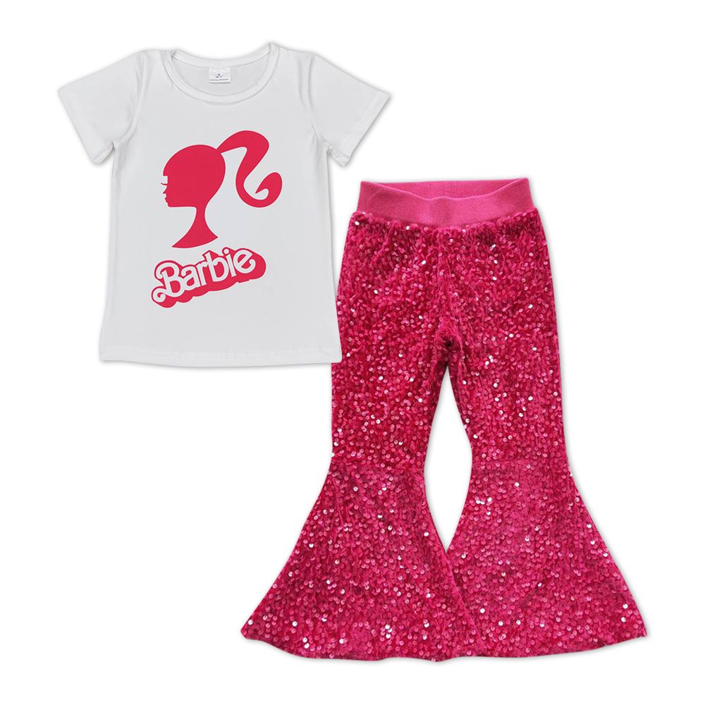 Baby Girl Short Sleeves Doll Shirt Hotpink Sequins Pants Outfit