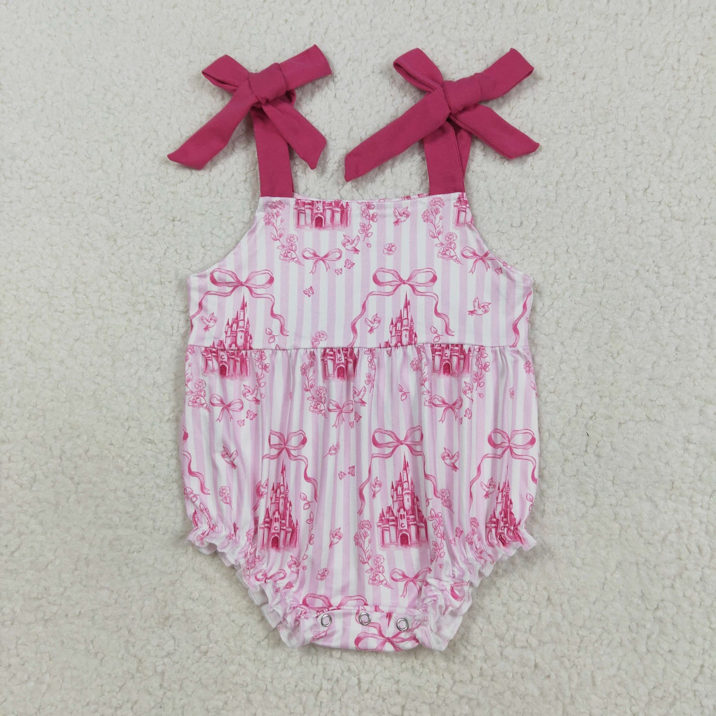 Baby  Girl Strap Castles Floral Bows Bubble Pink Romper RTS