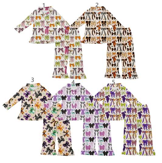 ( Moq 5 Each Style ) Sibling Baby Girls Kids Long Sleeves Bows Buttons Shirts Pants Sets Halloween Pajamas