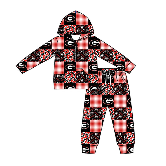 ( Moq 5 ) Baby Kids Red Long Sleeves Zipper G Pullover Pockets Camo Plaid Pants Team Clothes Set