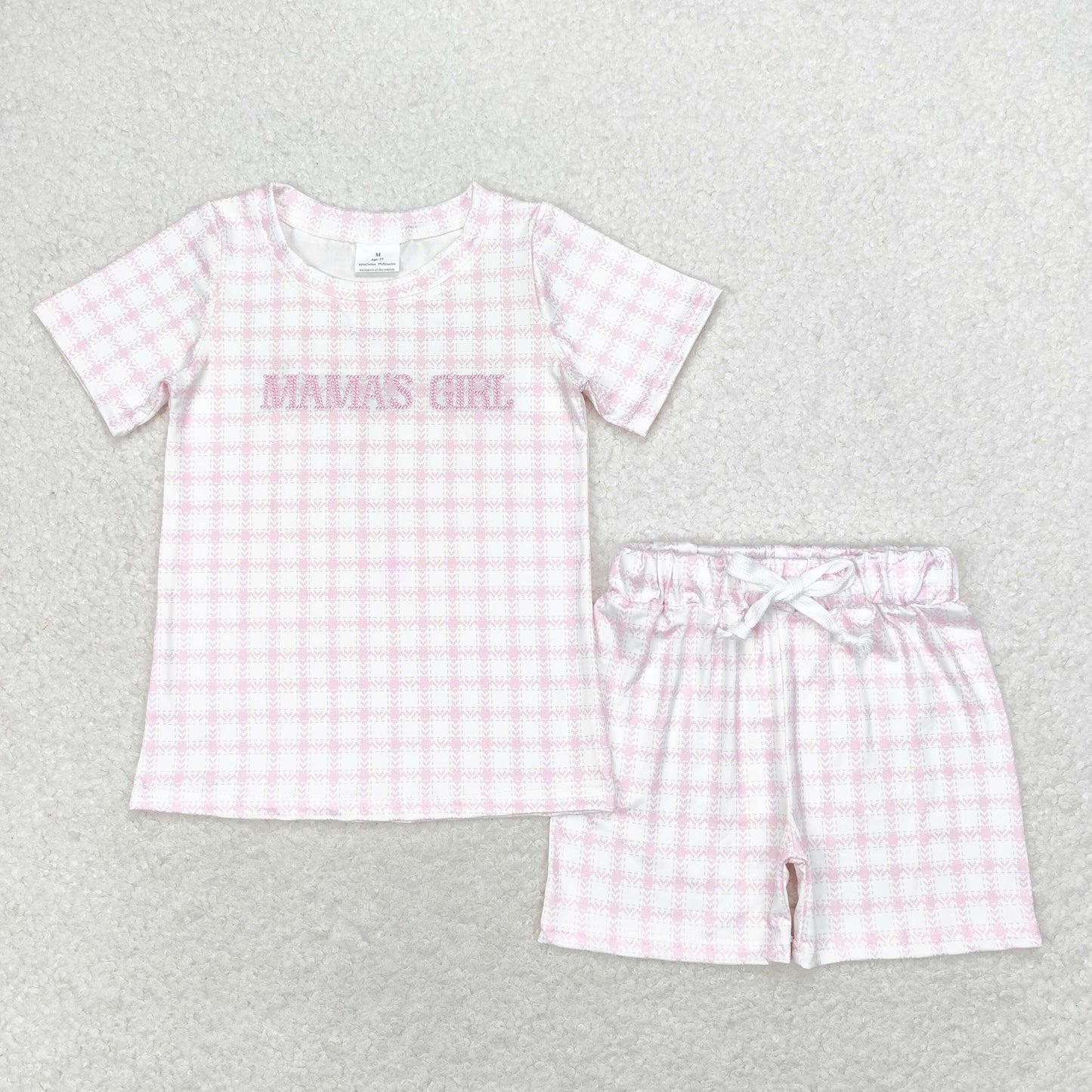 Baby Kids Short Sleeves Embroidery Mama's Girl Pink Plaid Shorts Set