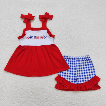 Baby Girl Sleeveless Embroidery Flag Tunic Plaid Shorts July 4th Set