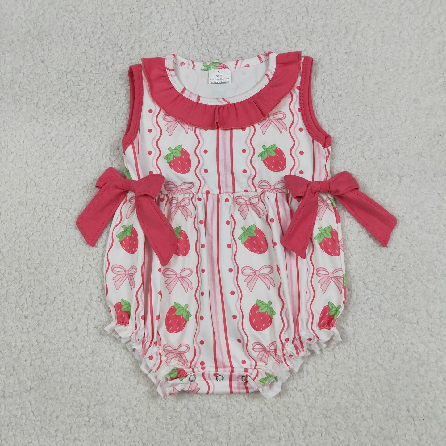 Baby Girls Infant Sleeveless Strawberry Pink Bows Bubble Romper RTS