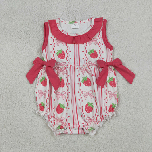 Baby Girls Infant Sleeveless Strawberry Pink Bows Bubble Romper RTS