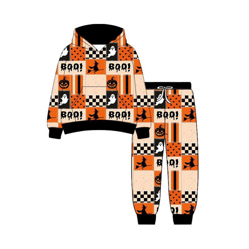 ( Moq 5 ) Preorder Toddler Kids Long Sleeves Ghost Halloween Hoodie Pullover Pockets Pants Set Clothes